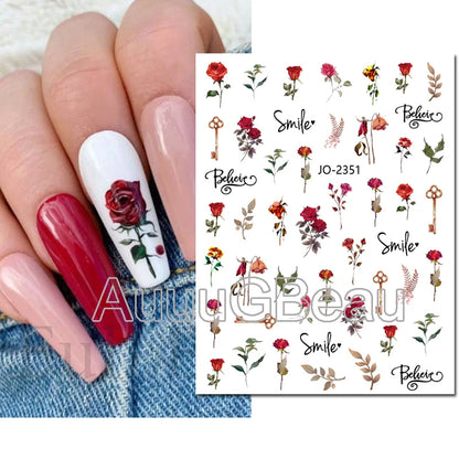 3d Nails Art Decals Spring Fruits Pink Full Tips Peony Magnolia Flowers Adhesive Sliders Stickers Decoration For Nails Manicure