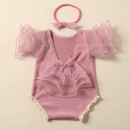 Ylsteed 2 Pieces Set Beige Newborn Photography Costume Lace Romper Bow Headband Set Baby Girl Photo Shooting Outfits