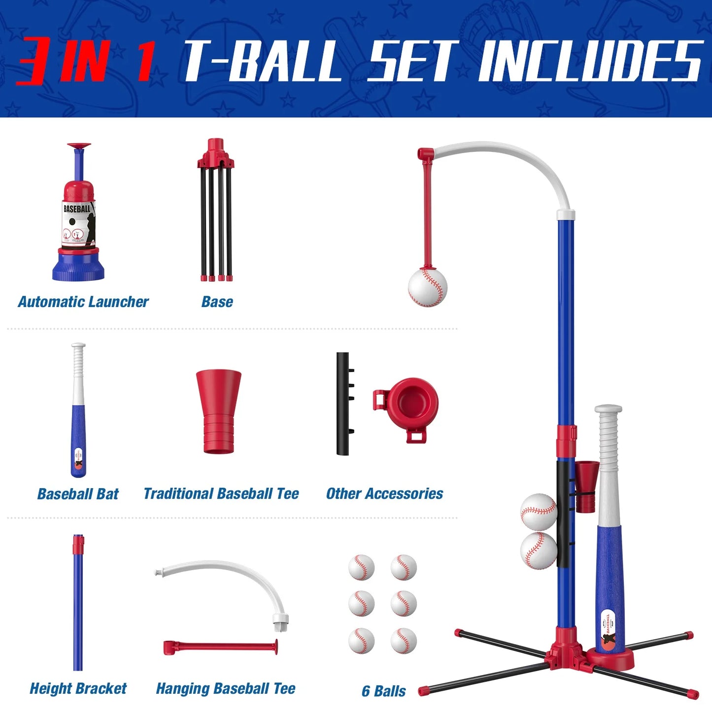 3 In 1 Kids Baseball Toy Set, With Hanging Ball Holder/Standing T-BALL/Auto Launcher/6 Baseballs, Adjustable Height Baseball Set Indoor Outdoor Sports Gift Toy Birthday Halloween Christmas Gift