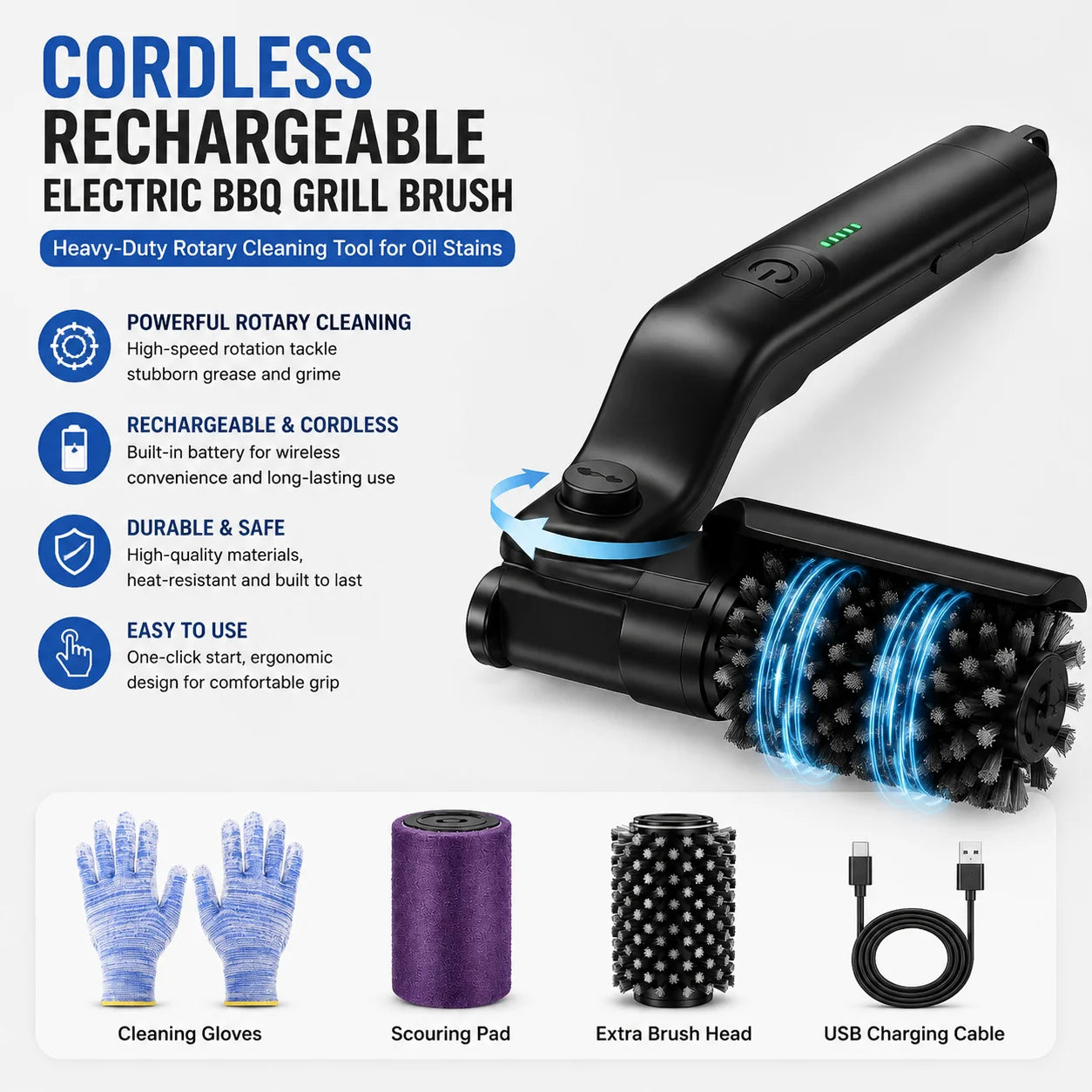 Cordless Rechargeable Electric BBQ Grill Brush Heavy Duty Outdoor Cleaning Tool Rotary Adjustable for Oil Stains