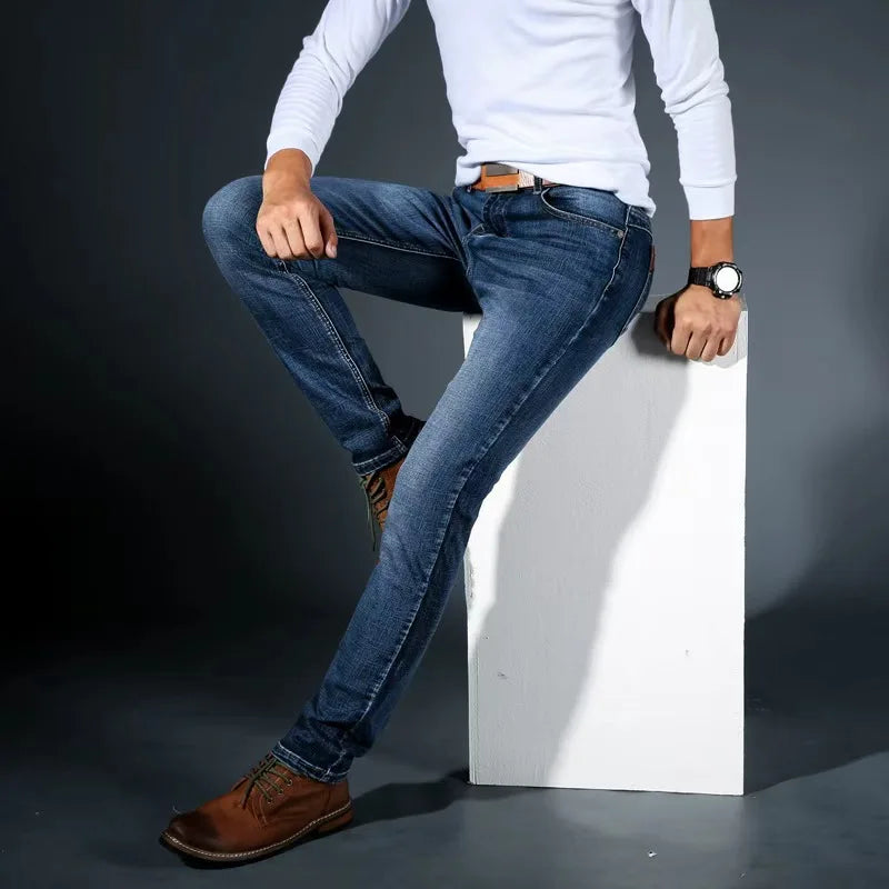 Men Fashion Straight Jeans Men 2025 New Stretch Slim Fit Pants Comfortable Soft Business Denim Trousers Male Brand Clothing