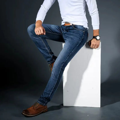 Men Fashion Straight Jeans Men 2025 New Stretch Slim Fit Pants Comfortable Soft Business Denim Trousers Male Brand Clothing