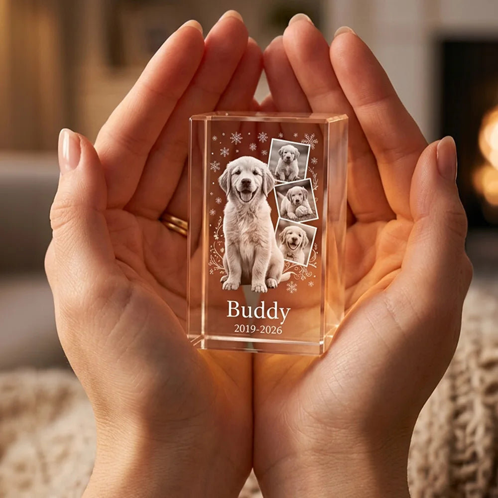 Personalized Custom Pet Memorial Crystal Block,Photo Collage,2D Laser Etched,Pet Loss Gift,Non-Fading Engraving,Tabletop Display