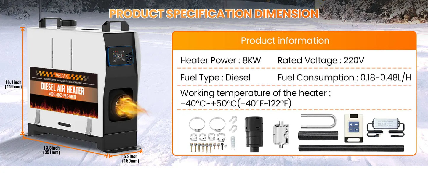 8KW 12V/220V All-in-One Diesel Heater, 0.16-0.52l/h, 8-36 ℃ Adjustable, LCD remove & Bluetooth APP, Portable for Camping RV