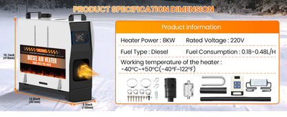8KW 12V/220V All-in-One Diesel Heater, 0.16-0.52l/h, 8-36 ℃ Adjustable, LCD remove & Bluetooth APP, Portable for Camping RV