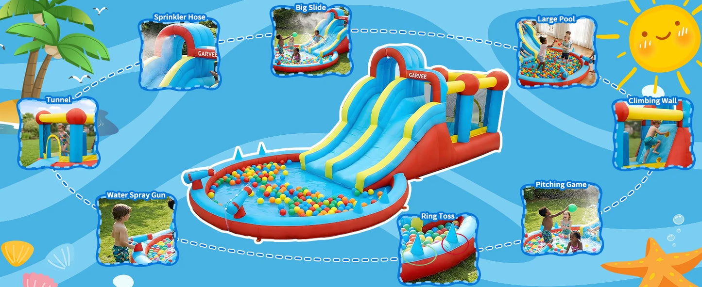 Garvee Kids Bouncy Castle with Water Slide, Large Inflatable with Blower, Jumping Area, Water Gun, Splash Pool, Outdoor Slide, Children’s Play Bouncer for Indoor or Outdoor Garden Games, Backyard Toy