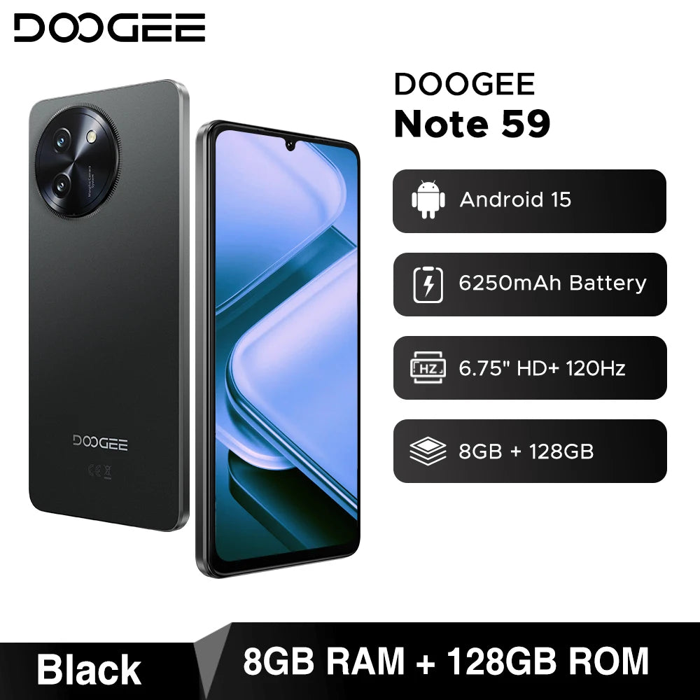 DOOGEE Note 59 5G SmartphoneAndroid 15 NFC Cellphone 6.75" Screen 32GB (8+24) 128GB Unisoc T820  6250mAh Battery Mobile Phone