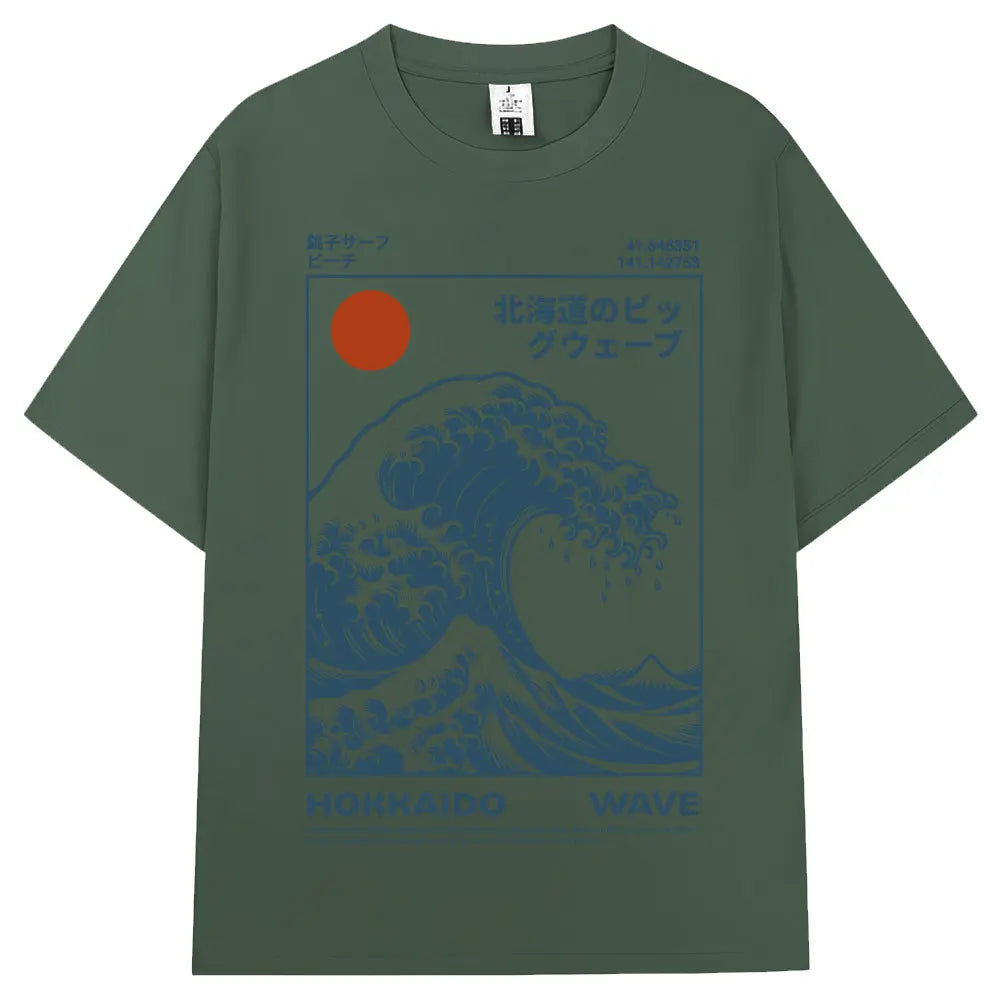 Japanese Style Hokkaido Wave Vintage T-shirt Men Women Harajuku Fashion High Quality T Shirts Oversized Cotton Summer Tee Shirt