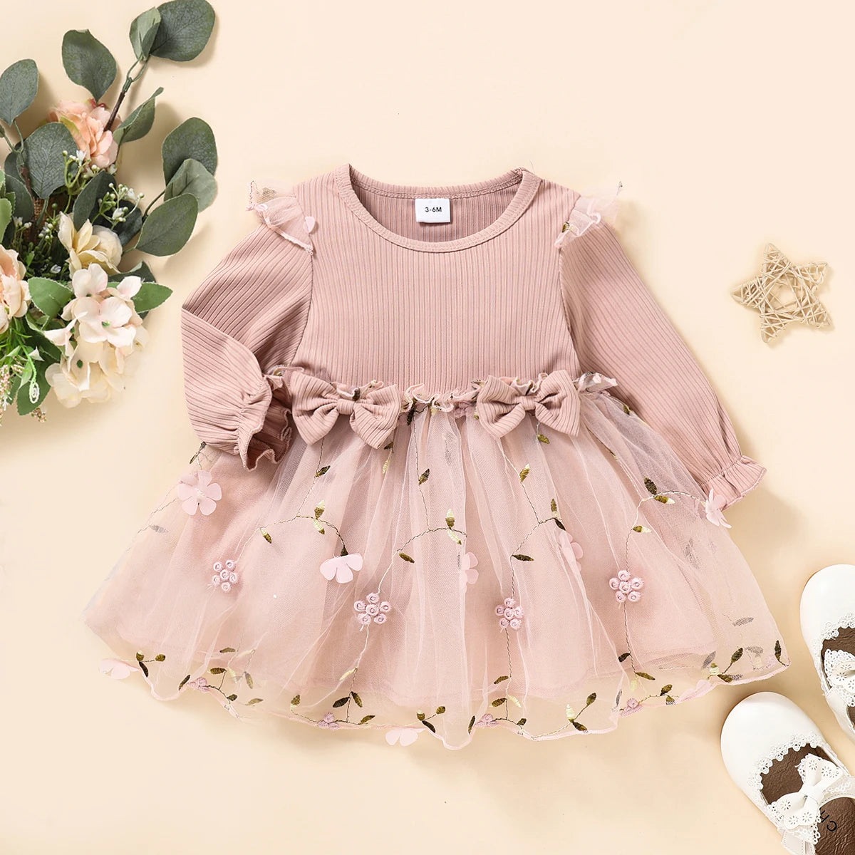 Spring Autumn Pink Tulle Dress for Infants Baby Butterfly Knot Embroidered Fairy Princess Skirt New Arrival Baby Girl Dress