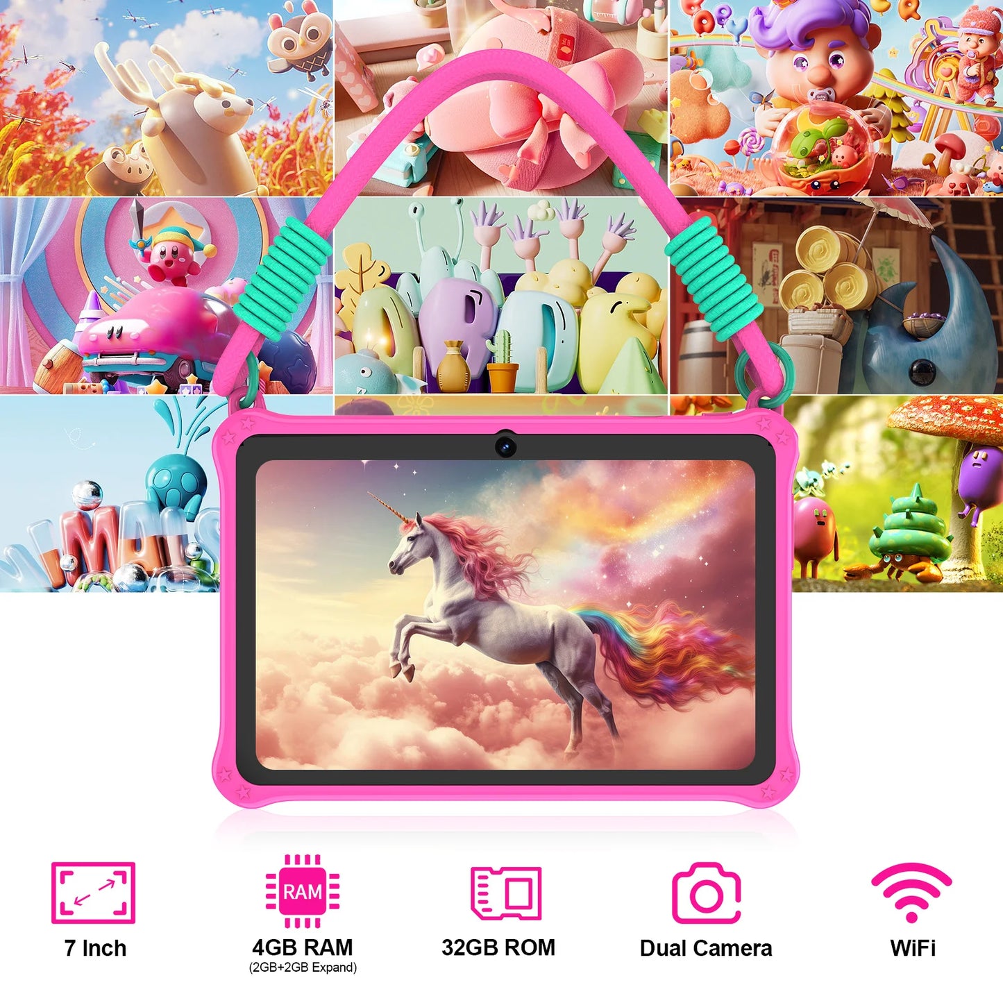 PRITOM Kids Tablet 7 inch Android 13 4GB (2+2 expandable) RAM 32GB ROM WiFi Bluetooth Learning Software Installed with Lanyard