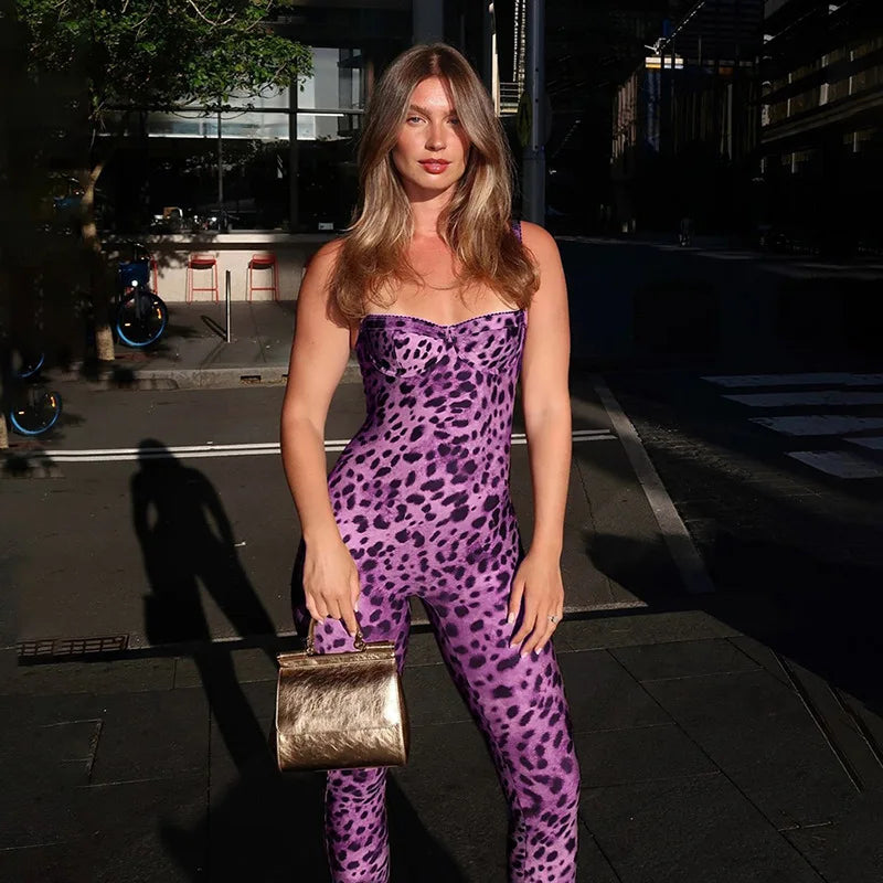 VEITCHE Leopard Printed Women Summer Jumpsuits Sexy Hot Popular Low Neck Spaghetti Strap Skinny Overalls Female Trend Midnight