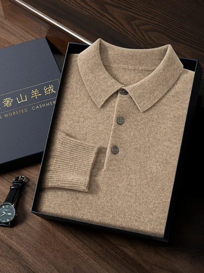 ANGEL 2024 Men's New POLO Shirt 100% Cashmere Knitted Pullover Solid Color Sweater Fall Winter Casual Business Office Jacket