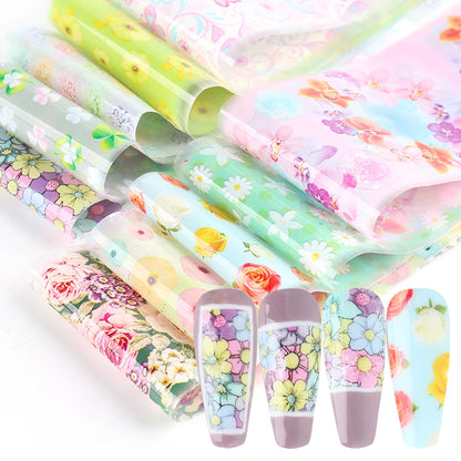 10PCS Mixed Nail Art Foils Transfer Sticker Set Rose Flower Designs Floral Starry Sky Nail Wraps Wedding Summer Manicure Decor