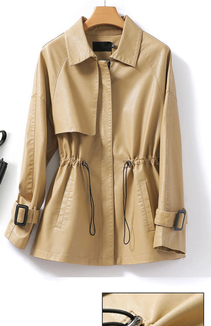 M-4XL Women's Sheepskin Coat Fashion Khaki Zipper Elastic Waist Female Long Sleeve Casual Loose Split Leather Jackets 2024 New
