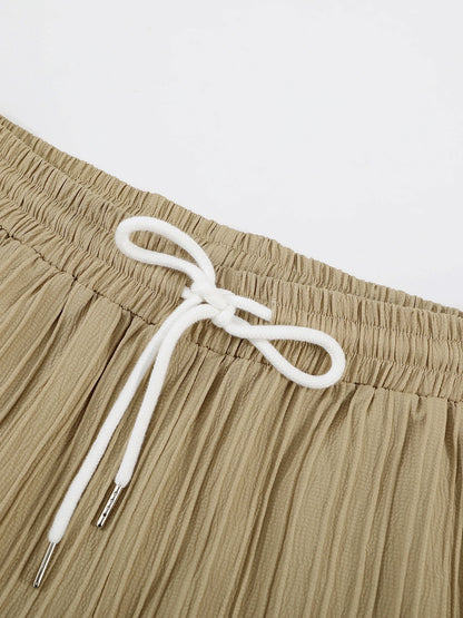 Men's Sophisticated Pleated Set Khaki Textured Cuban Collar Shirt & Elastic Waist Shorts 2 Piece Commute Outfit