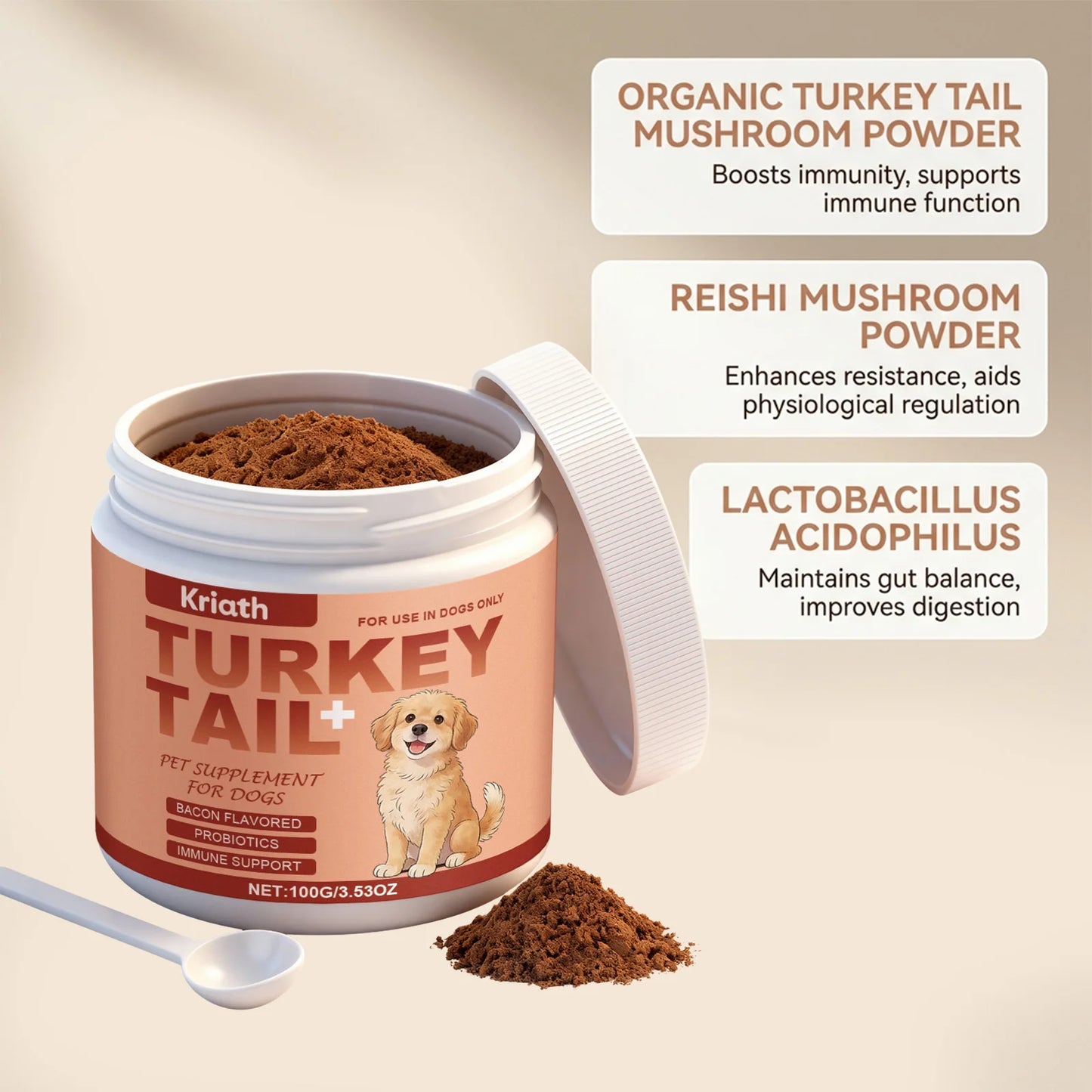 Turkey Tail Mushroom Powder for Dogs, Bacon Flavor Pet Immune Support Joint Hip Gut Health Supplement, Skin Coat Care Powder
