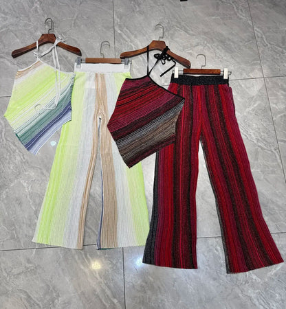 Women Metallic Sequined Striped Knitted Set Slanted Shoulder Sleeveless Camisole + Elastic Waist Straight Pants Casual Suits