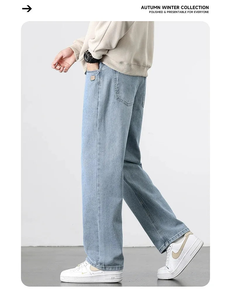 Spring Autumn American Retro Straight Jeans Men Streetwear Korean Fashion Loose Baggy Wide Leg Denim Pants Male Casual Trousers