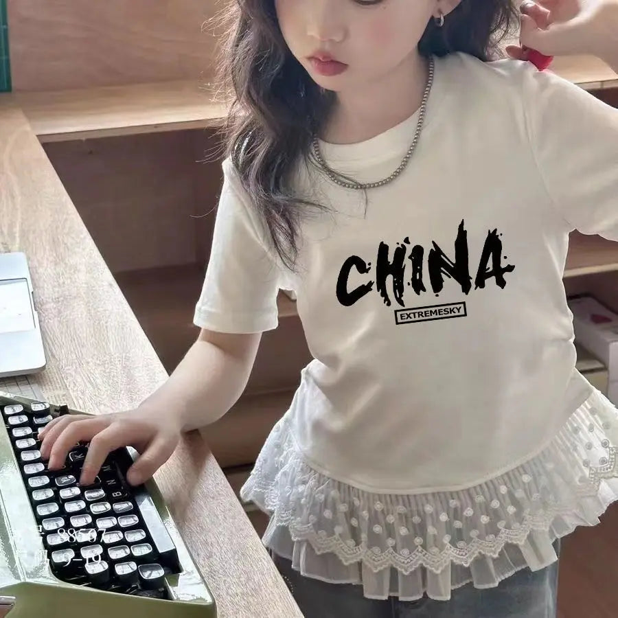 Childrens clothing baby girls summer casual lace t-shirt 2025 short sleeved Lace splicing new white tops 3-12 kids clothes