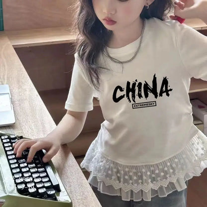 Childrens clothing baby girls summer casual lace t-shirt 2025 short sleeved Lace splicing new white tops 3-12 kids clothes