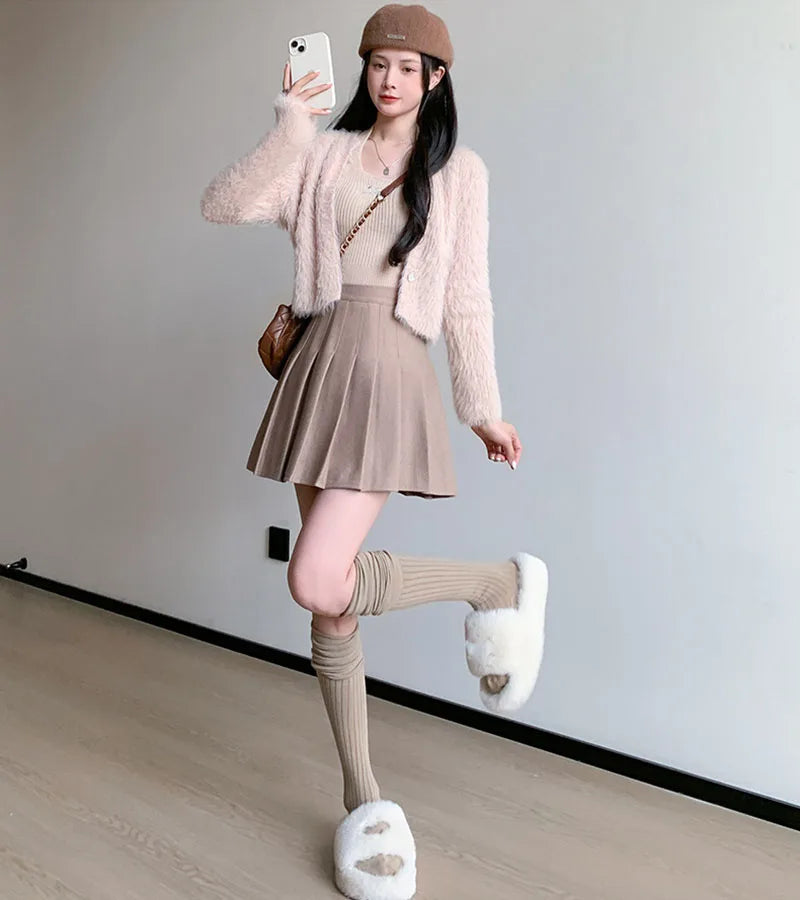 Autumn Winter Woolen Pleated Skirts Women New Korean High Waist Slimming Mini Skirt Ladies Preppy Style Side Zipper A-Line Skirt