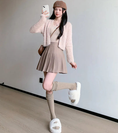 Autumn Winter Woolen Pleated Skirts Women New Korean High Waist Slimming Mini Skirt Ladies Preppy Style Side Zipper A-Line Skirt