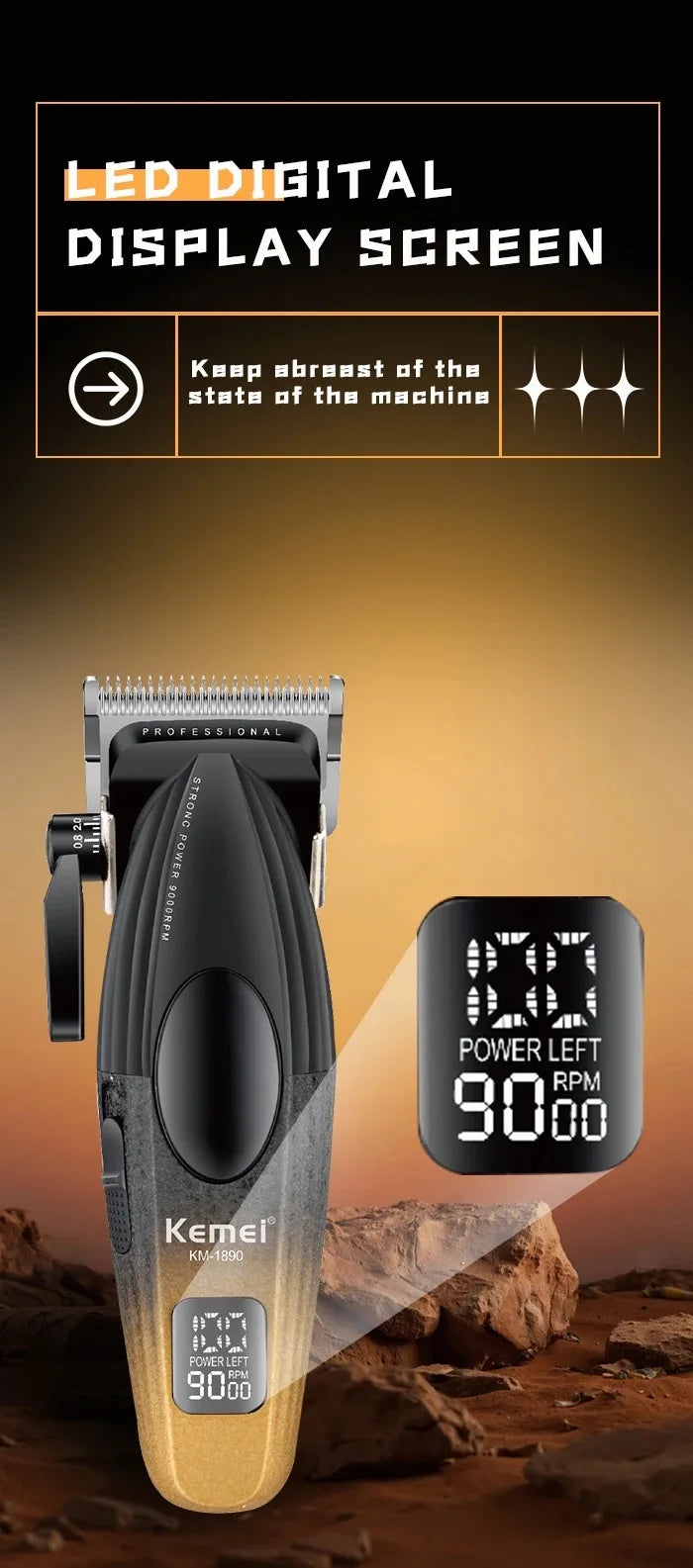 Kemei Professional Barber Hair Clippers Cordless Rechargeable Hair Trimmer Electric Men Hair Cutting Machine Metal Body 9000RPM