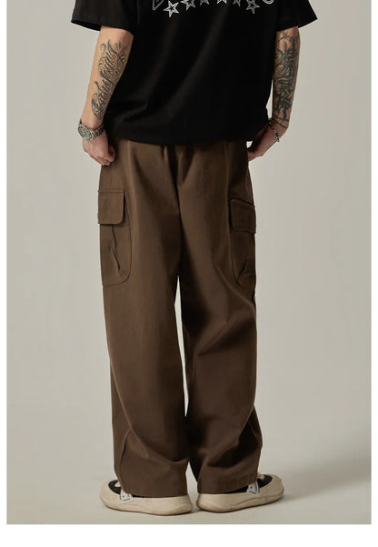 Men's Sweatpants 2025 Spring Autumn Vintage Japanese Wide Leg Straight Loose Button Big Pockets Cargo Pants Drawstring Trousers