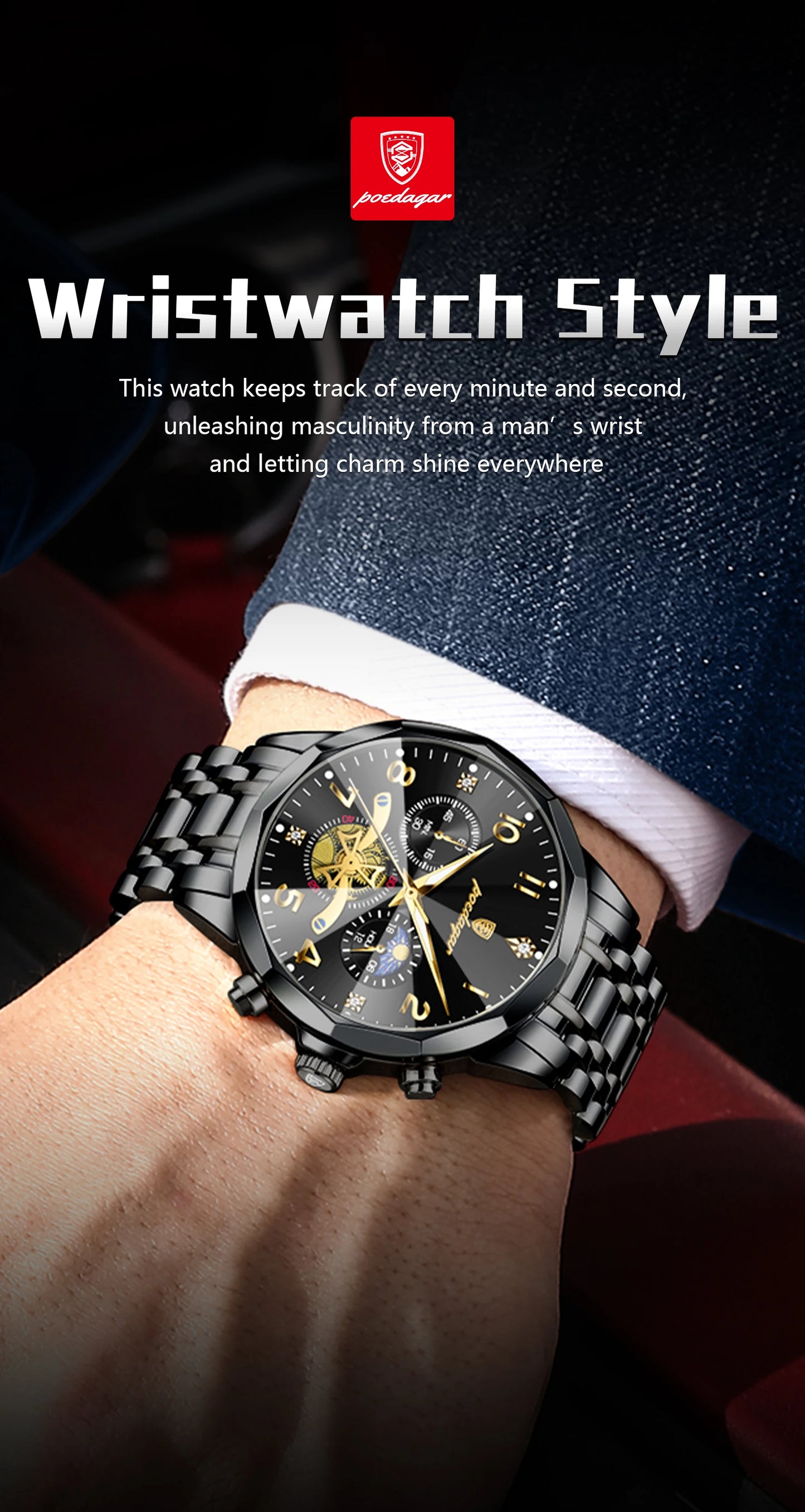 POEDAGAR Luxury High Quality Man Wristwatch Chronograph Stainless Steel Quartz Men's Watches Waterproof Luminous Men Clock Reloj
