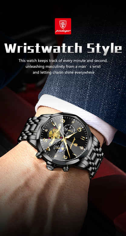 POEDAGAR Luxury High Quality Man Wristwatch Chronograph Stainless Steel Quartz Men's Watches Waterproof Luminous Men Clock Reloj