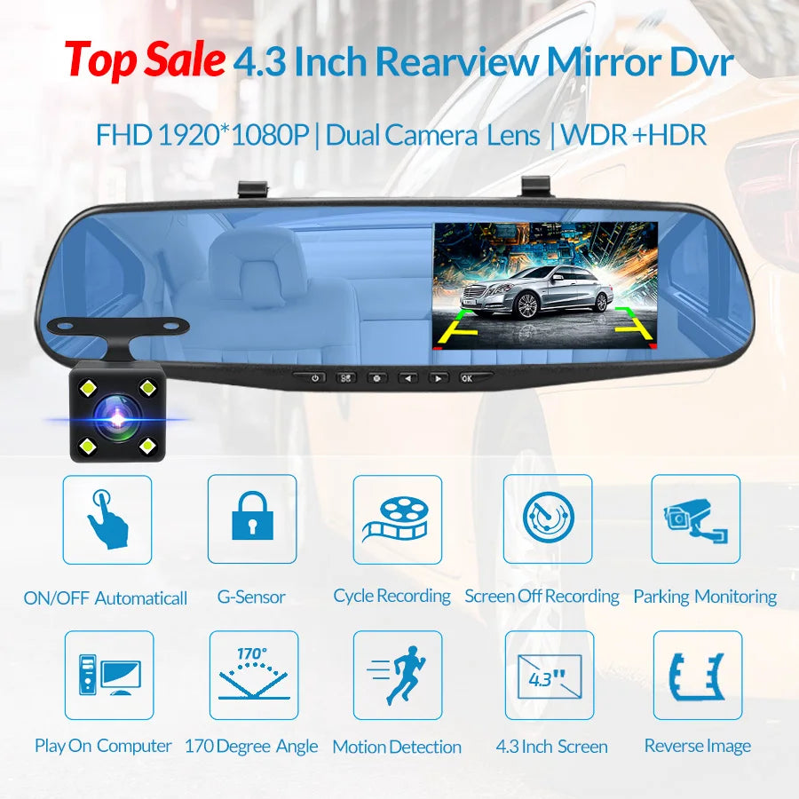 4.3 Inch 1080P Night Vision Camera Dual Lens DVR  Rearview Mirror Dashcam Car Dvr Dash Camera Car Video Recorder Auto Bluck Box