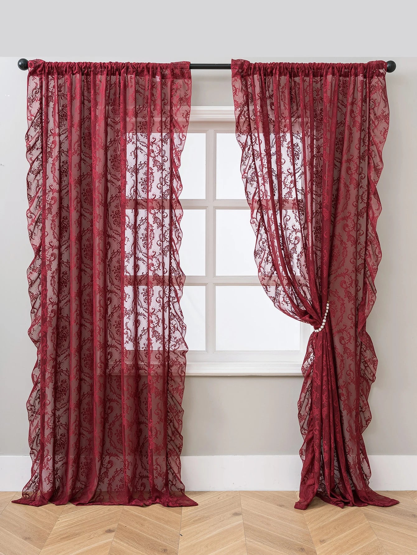 Vintage Burgundy Lace Sheer Curtains, Rod Pocket Ruffled Lace Window Curtains for Living Room Bedroom