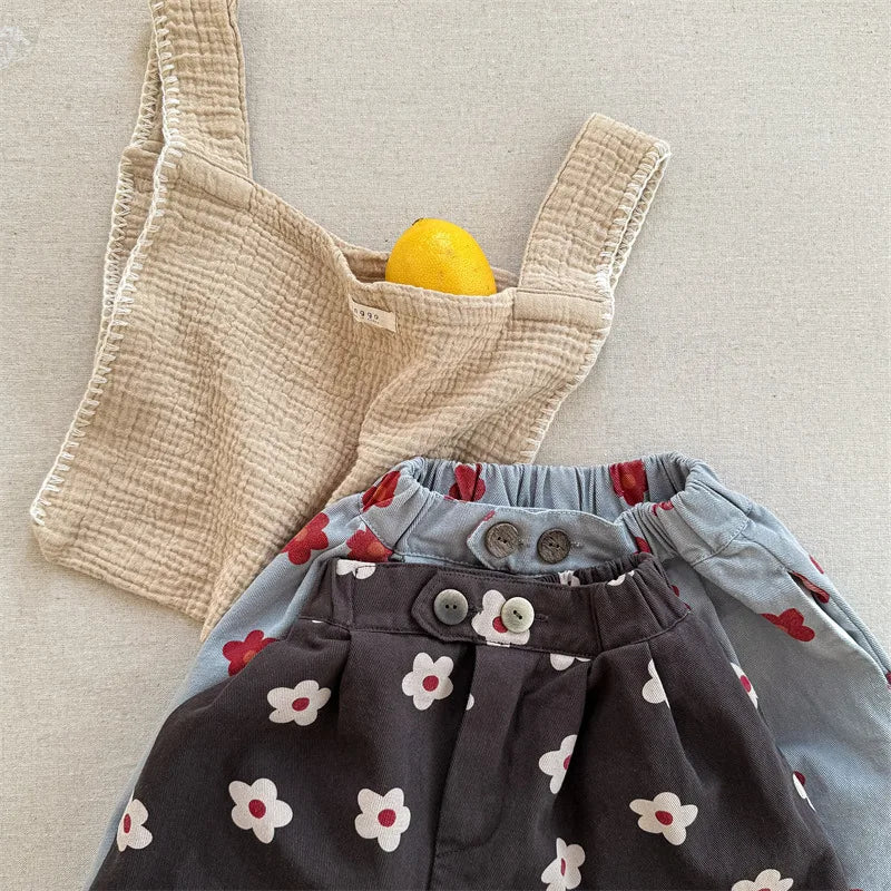 Spring/Summer Calf Length Pants for Girls Floral Print Anti-mosquito Breeches Korean Kid's Loose 7 Point Pants Childrens Clothes