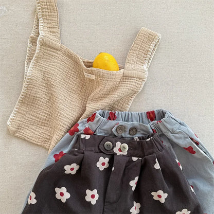 Spring/Summer Calf Length Pants for Girls Floral Print Anti-mosquito Breeches Korean Kid's Loose 7 Point Pants Childrens Clothes