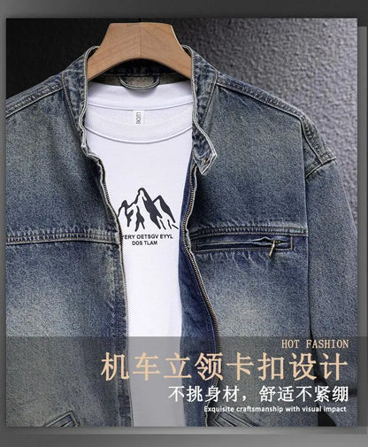 Denim Jacket Men's American Motorcycle Stand Collar New Spring and Autumn Trendy Brand Loose Cycling Bomber Jacket Top