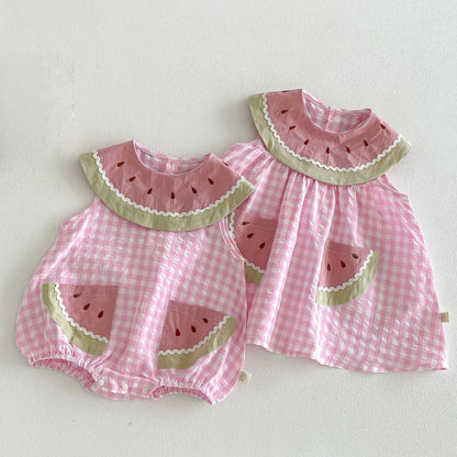2026 Summer Childrens Clothes Watermelon Collar Baby Bodysuit with Patch Pockets Pink-white Check Girls Dress