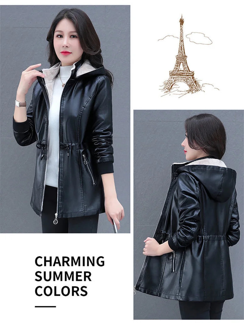Winter Coat New Fashion Soft Leather Clothes Women's Long Sheep Leather Jacket Plus Velvet Padded Warm Coat