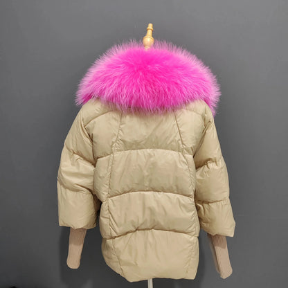 Oversized Winter Warm Real Fox Fur Collar Black Down Coat Women Puffer Outerwear Jackets 2024 Autumn Winter