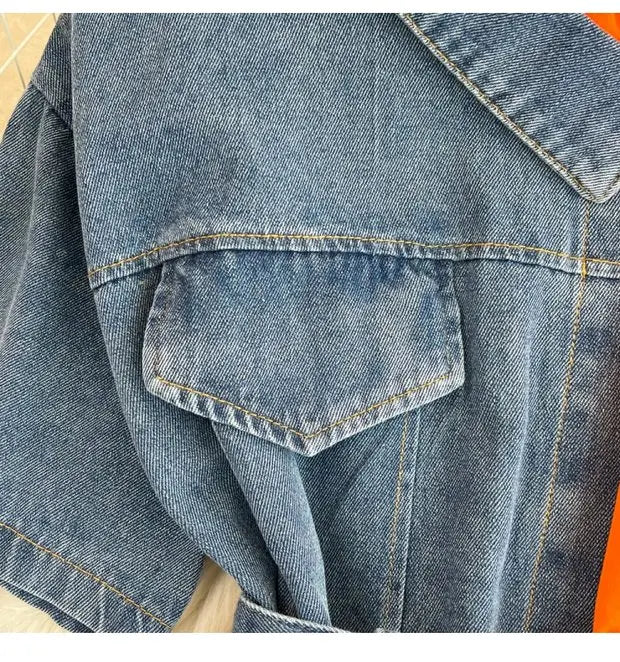 Retro Hong Kong Sle Chic Casual Mid-Length round Ne Patchwork Color Denim irt with Belt Spring New Women's Faion Top
