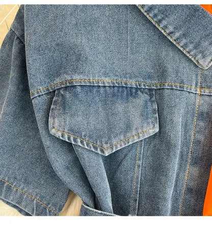 Retro Hong Kong Sle Chic Casual Mid-Length round Ne Patchwork Color Denim irt with Belt Spring New Women's Faion Top