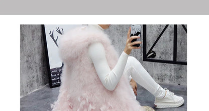New Turkey feather waistcoat with hat and big swing, medium and long fur coat can be customized