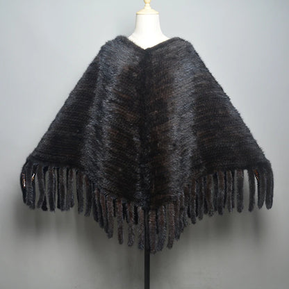 Fashion Women Fur Shawl Winter Knitted Real Mink Fur Stole With Fur Hood Knitted Mink Poncho Pashmina