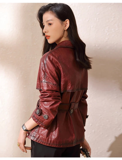 Roupas Femininas Autumn Women Suit Collar Lace-up Waist Oil Wax Sheepskin Gabardina Mujer Vintage Red Short Leather Trench Coat