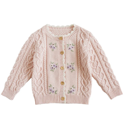 Baby Girls Embroidery Sweater Cardigan Autumn Fashion Cotton Floral Collar Kids Knitted Cardigan Rabbit Coat Outerwear Korean
