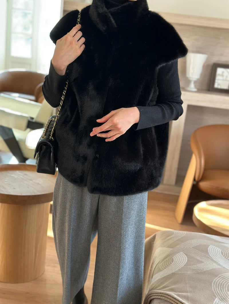 Women's Autumn Winter Faux Mink Hair Stand Collar Sleeveless Loose Vest Jacket Lady Streetwear Single Breasted Faux Fur Vest Top