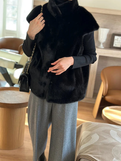 Women's Autumn Winter Faux Mink Hair Stand Collar Sleeveless Loose Vest Jacket Lady Streetwear Single Breasted Faux Fur Vest Top