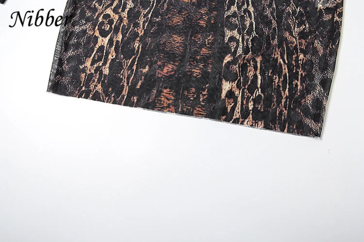 Nibber See Through Dress Women Sexy Coquette Leopard Print Full Sleeve o-Neck Stretch Wild Mini Bodycon Midnight Party Clubwear