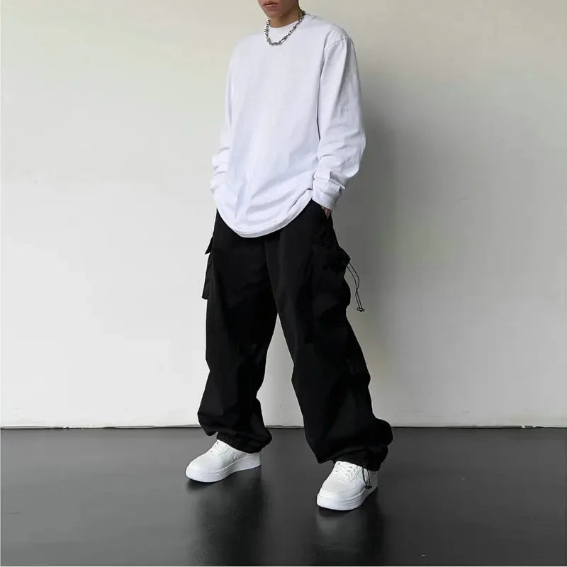Men's Casual Cargo Pants Fashion Streetwear Classic Man Straight Wide-leg Pants Drawstring Workwear Trendy Loose Cargo Trousers