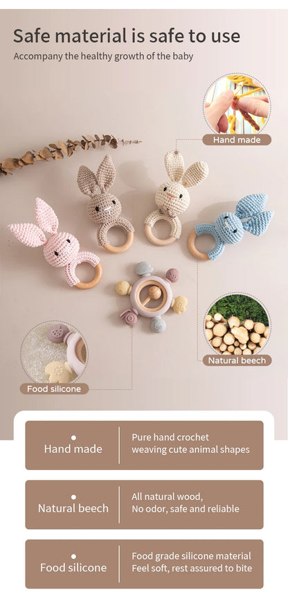 1pc Baby Teether Music Rattles for Kids Animal Crochet Rattle Elephant Giraffe Ring Wooden Babies Gym Montessori Children's Toys