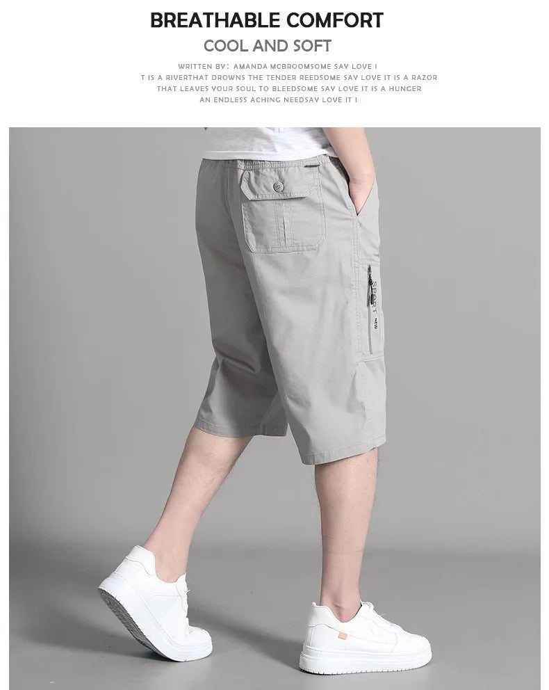 Mens Cargo Shorts Knee Pants Zipper Pocket Summer Cotton Shorts Climbing Jogger Elastic Waist Sports Wear